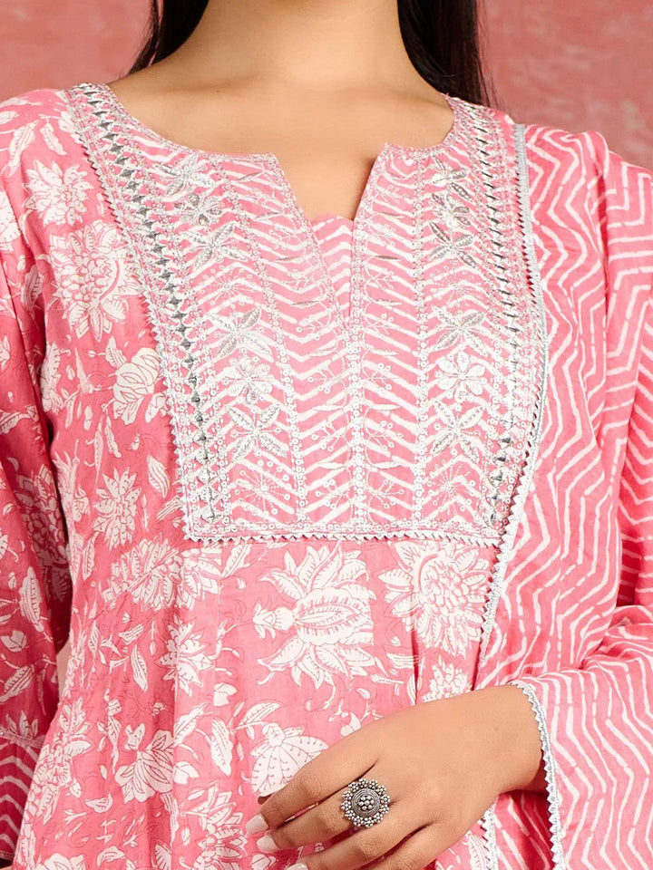 Coral Printed Cotton Anarkali Kurta With Churidar & Dupatta - Libas