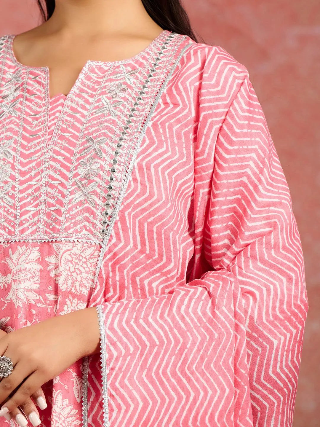 Coral Printed Cotton Anarkali Kurta With Churidar & Dupatta - Libas 