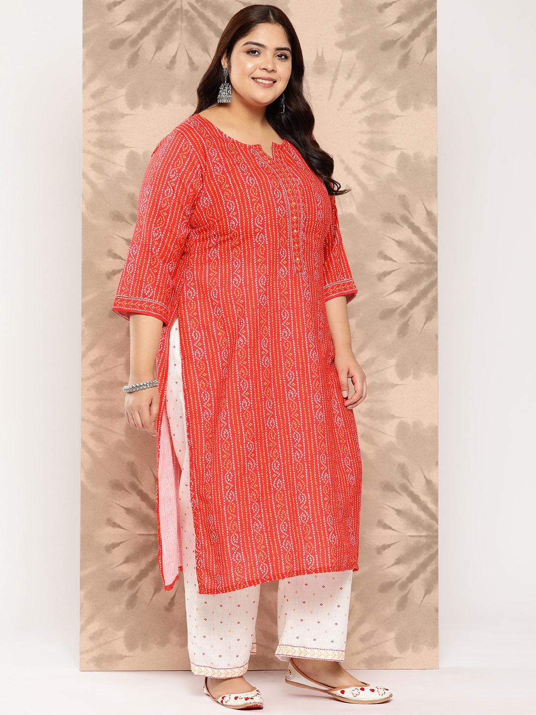 Coral Printed Cotton Blend Straight Kurta With Trousers
