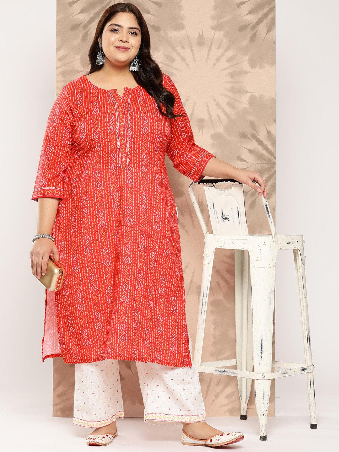 Coral Printed Cotton Blend Straight Kurta With Trousers