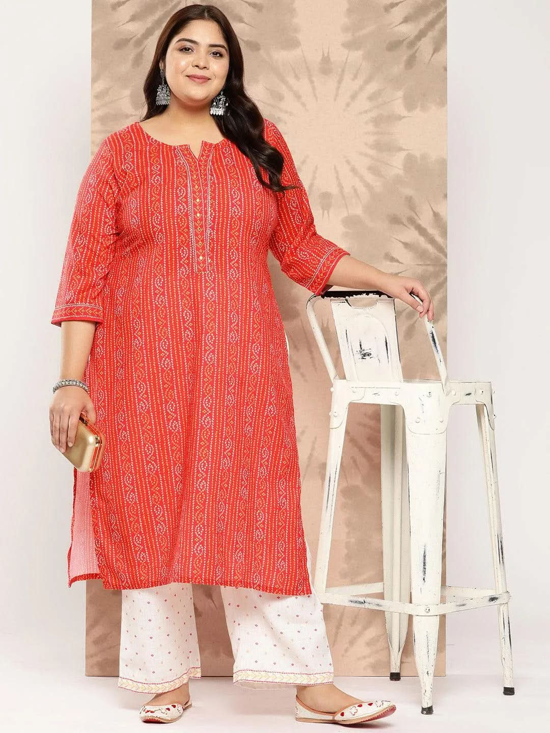 Coral Printed Cotton Blend Straight Kurta With Trousers - Libas