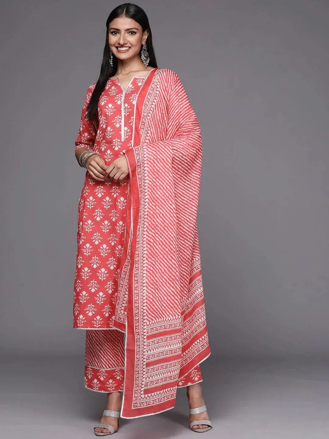 Coral Printed Cotton Straight Suit Set - Libas 