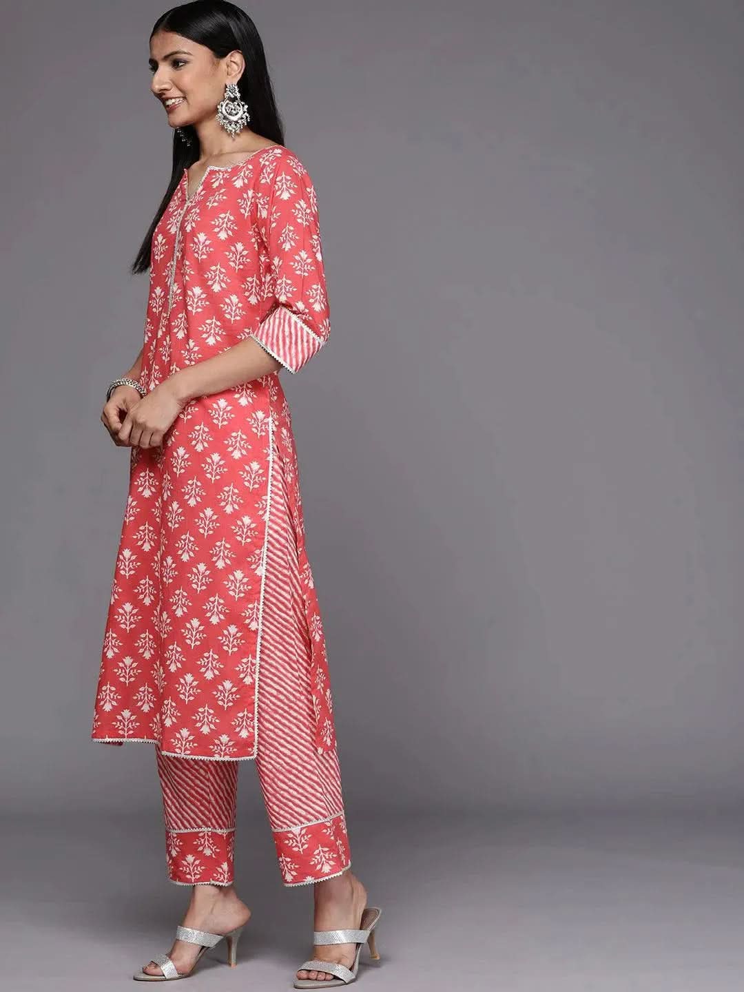 Coral Printed Cotton Straight Suit Set - Libas 