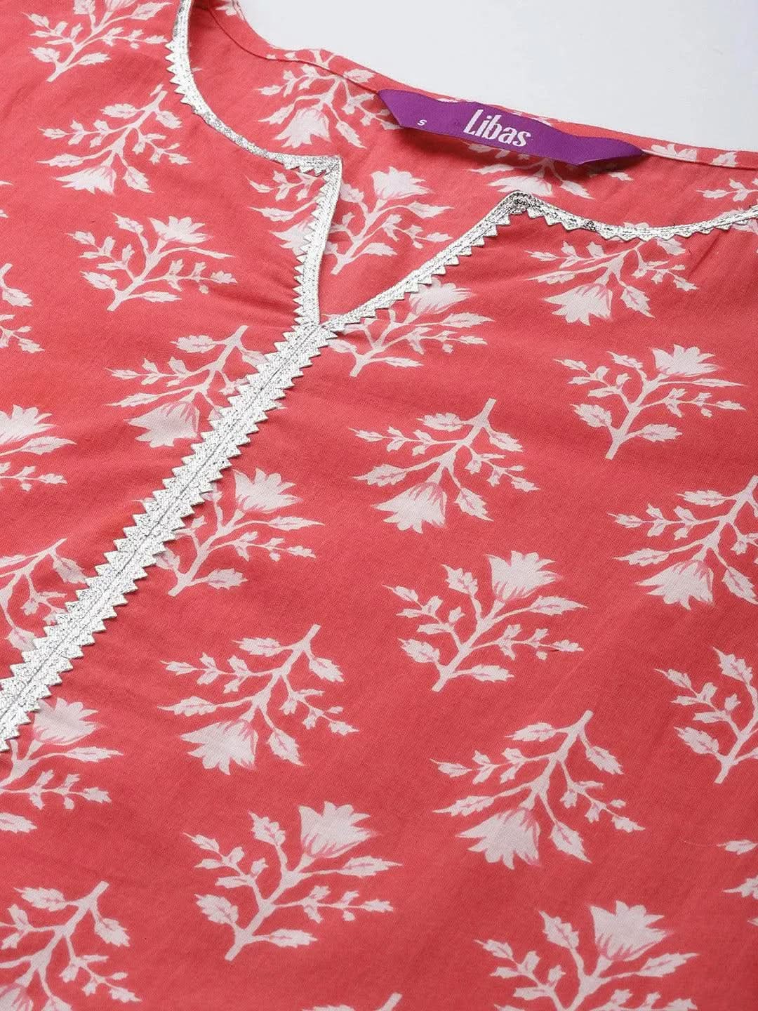 Coral Printed Cotton Straight Suit Set - Libas 