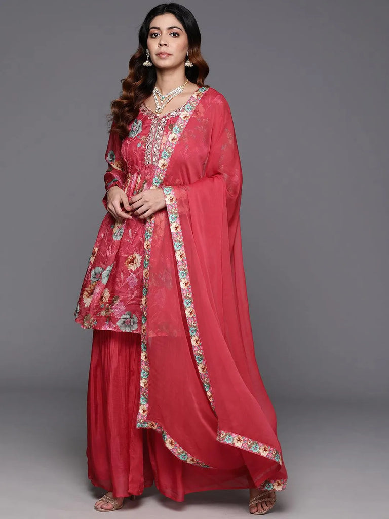 Libas Coral Printed Organza A-Line Sharara Suit Set With Dupatta