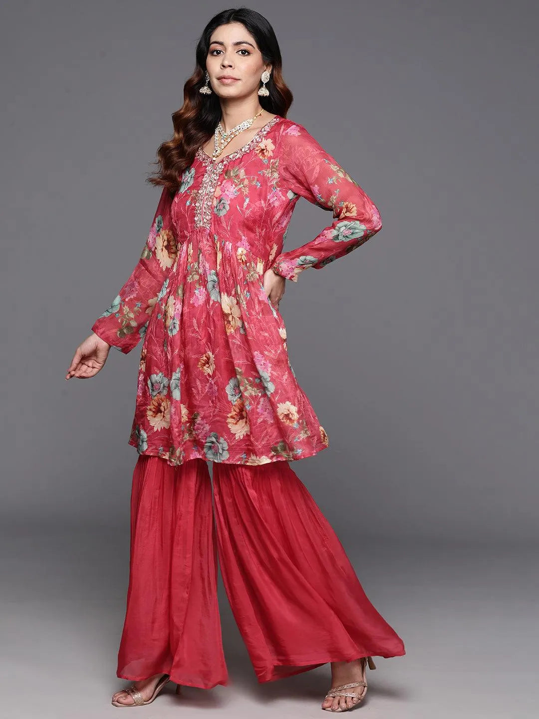 Coral Printed Organza A-Line Kurta With Sharara & Dupatta - Libas