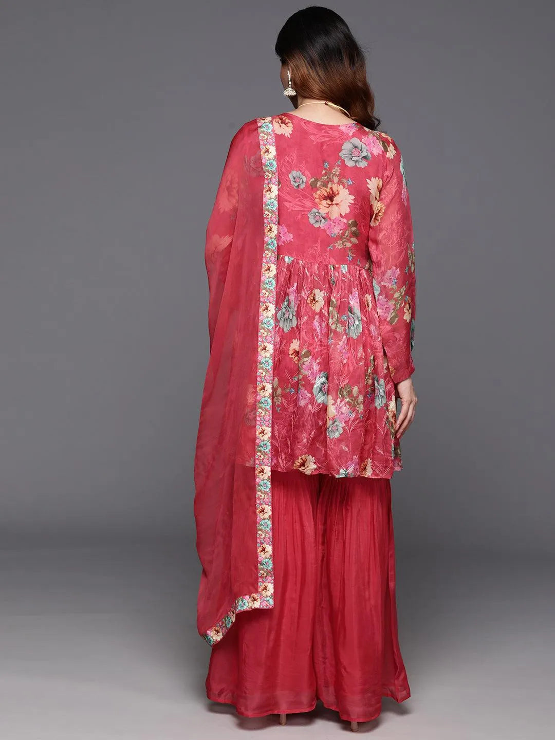 Coral Printed Organza A-Line Kurta With Sharara & Dupatta - Libas 