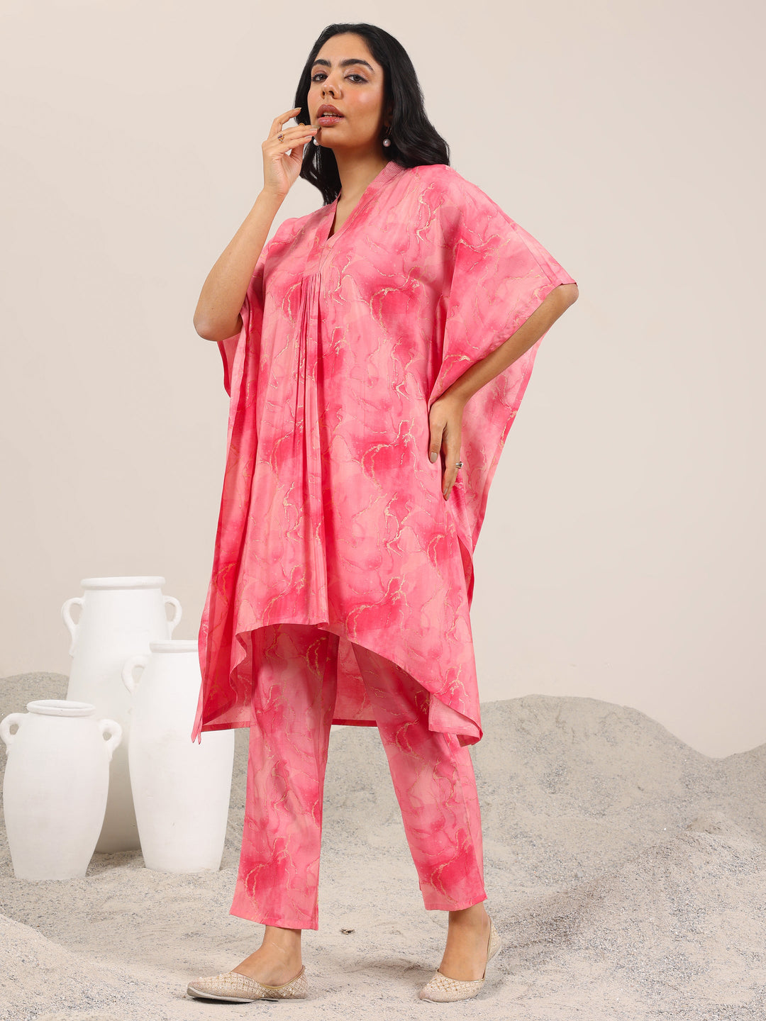  Coral Printed Silk Blend Co-Ord Sets 