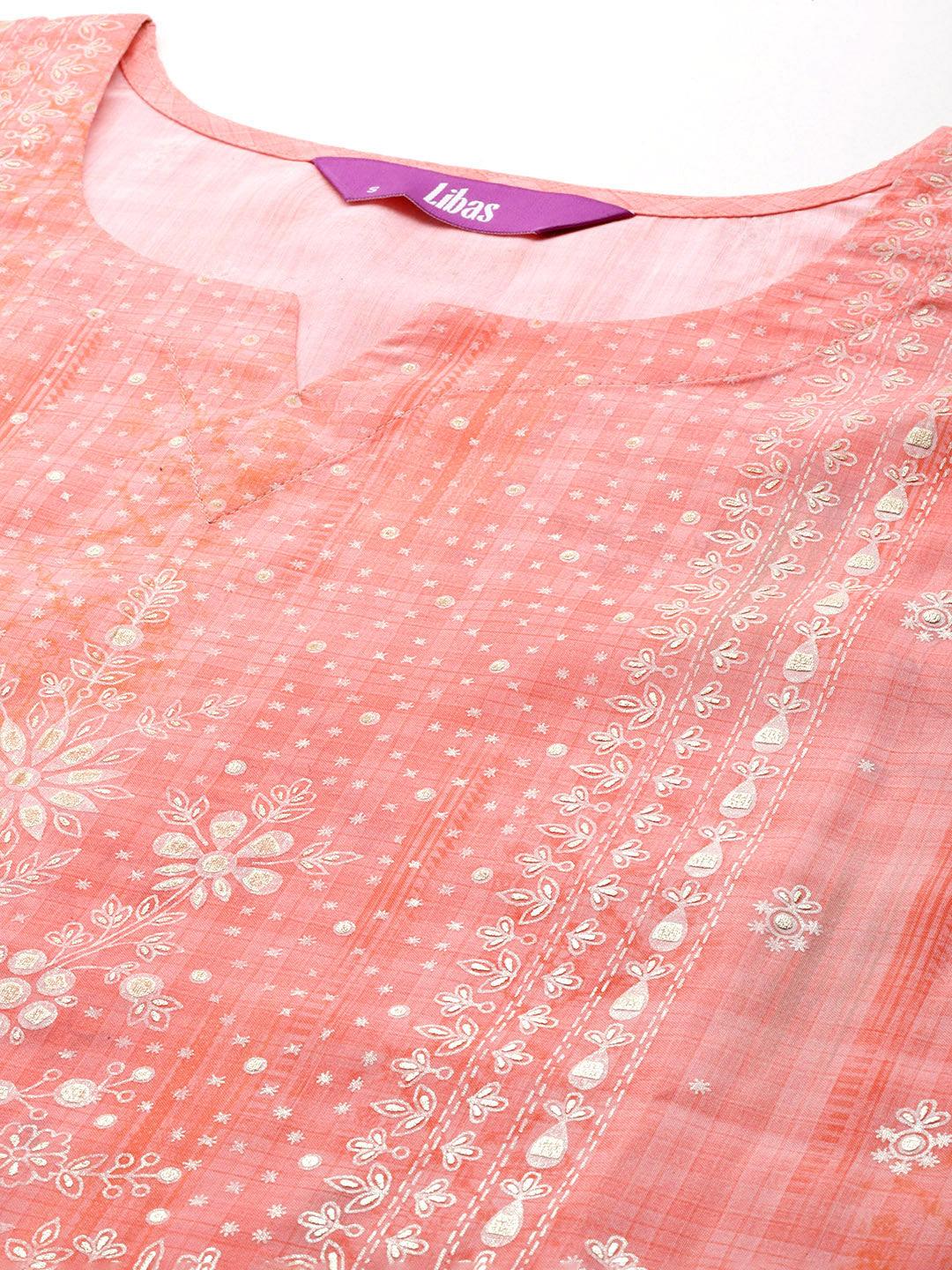 Coral Printed Silk Blend Kaftan Kurta Set With Trousers - Libas