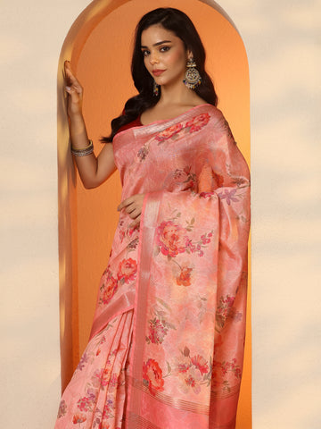 Coral Printed Silk Blend Saree With Unstitched Blouse Piece