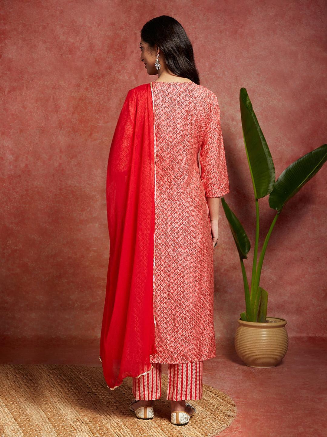 Coral Printed Silk Blend Straight Suit With Dupatta