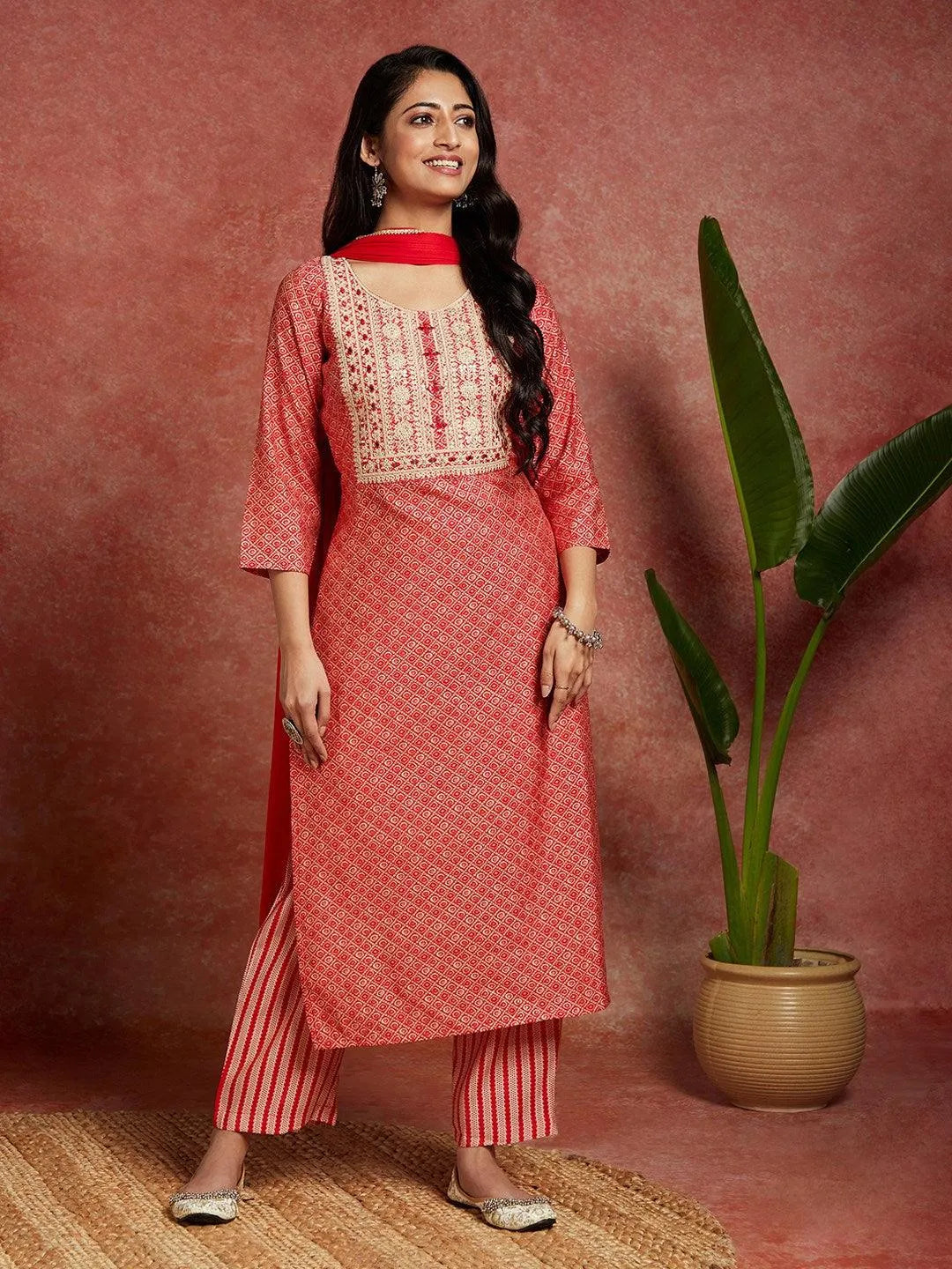 Coral Printed Silk Blend Straight Kurta With Palazzos & Dupatta - Libas 