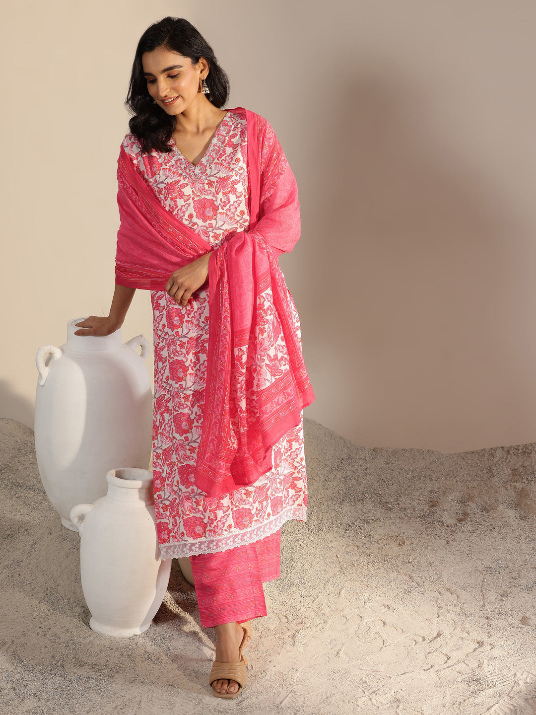  Coral Printed Silk Blend Straight Suit With Dupatta 