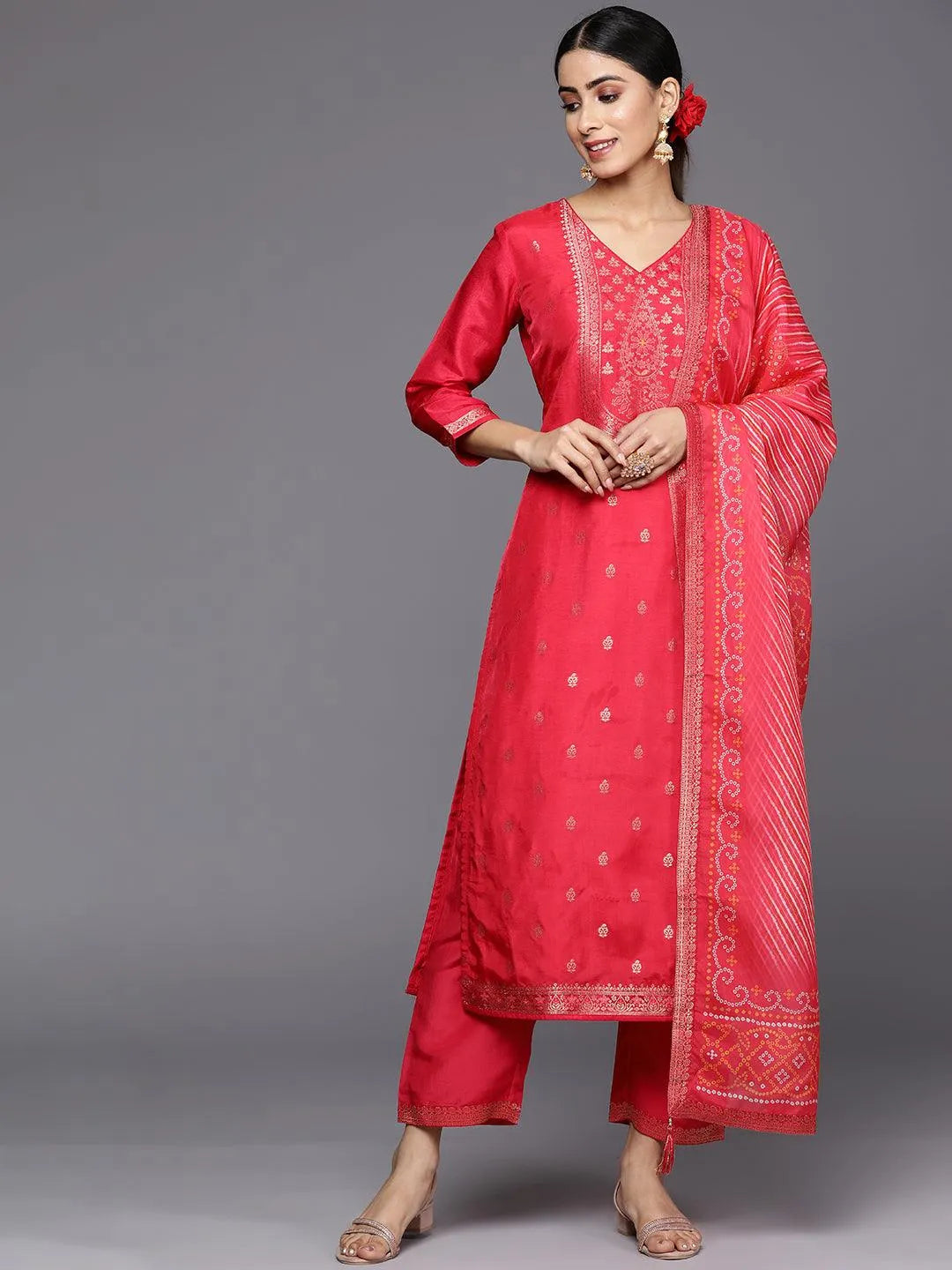 Coral Self Design Silk Blend Straight Suit Set With Trousers - Libas