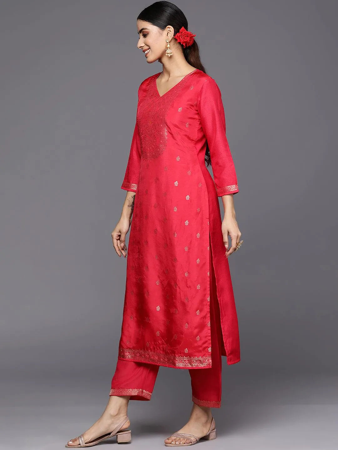 Coral Self Design Silk Blend Straight Suit Set With Trousers - Libas 
