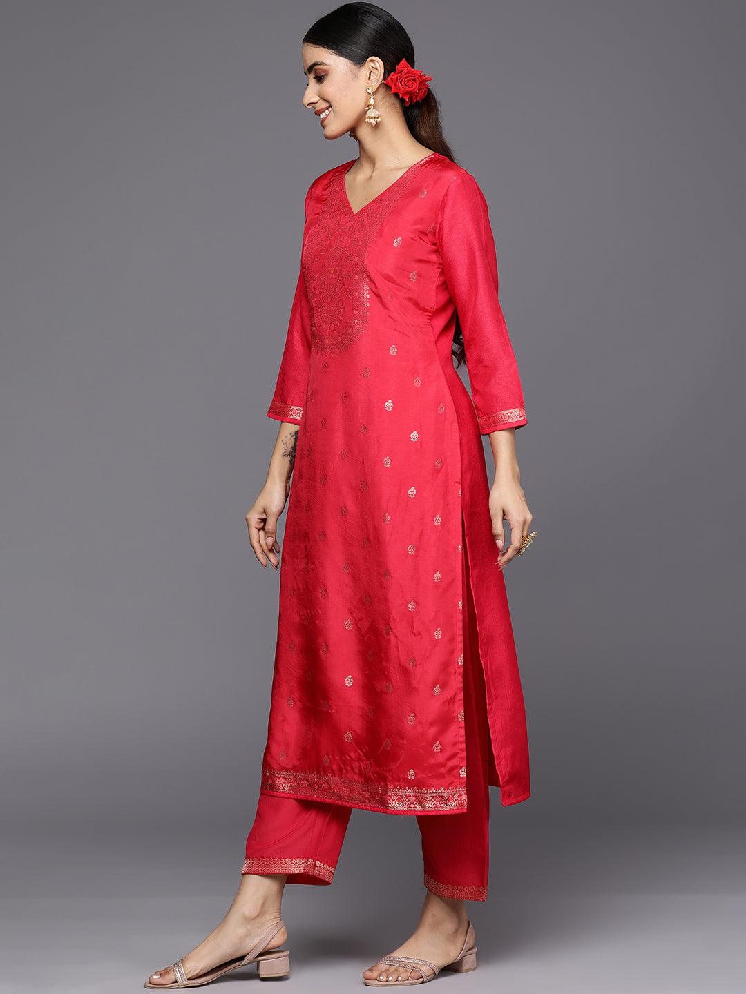 Coral Self Design Silk Blend Straight Suit Set With Trousers - Libas