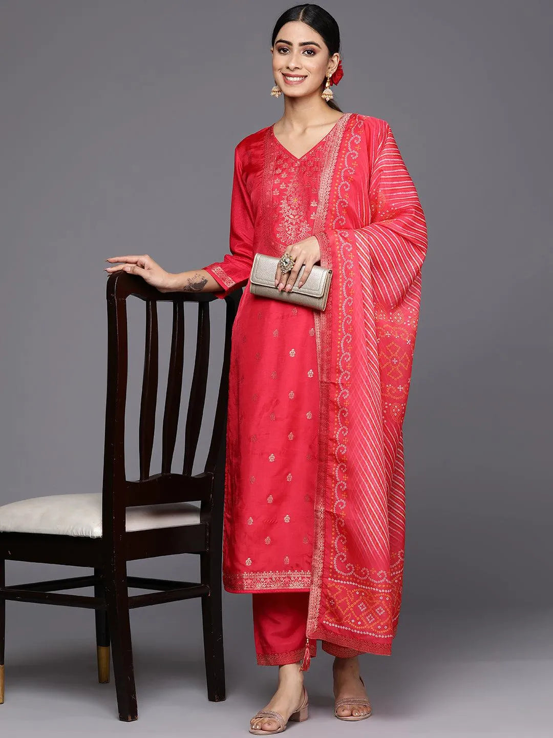 Coral Self Design Silk Blend Straight Suit Set With Trousers - Libas