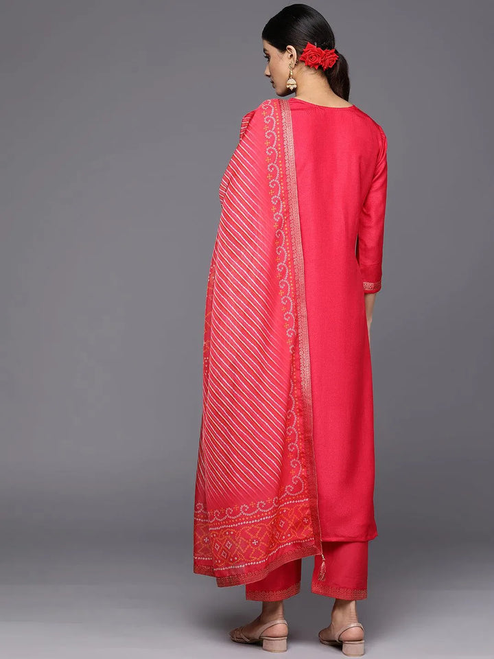 Coral Self Design Silk Blend Straight Suit Set With Trousers - Libas