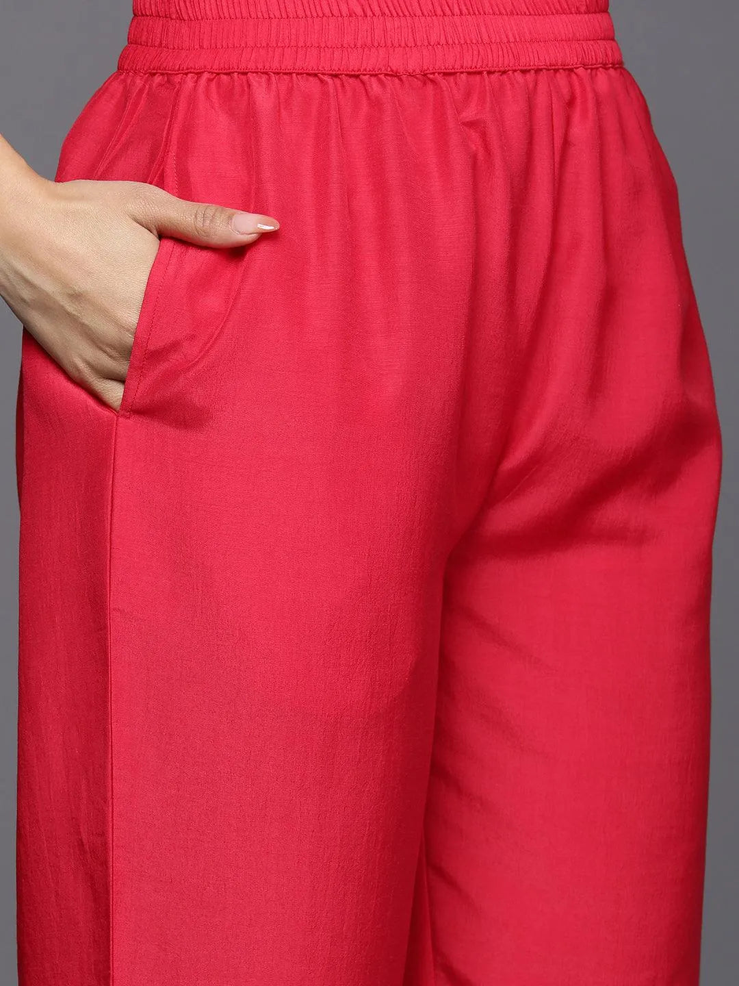 Coral Self Design Silk Blend Straight Suit Set With Trousers - Libas 