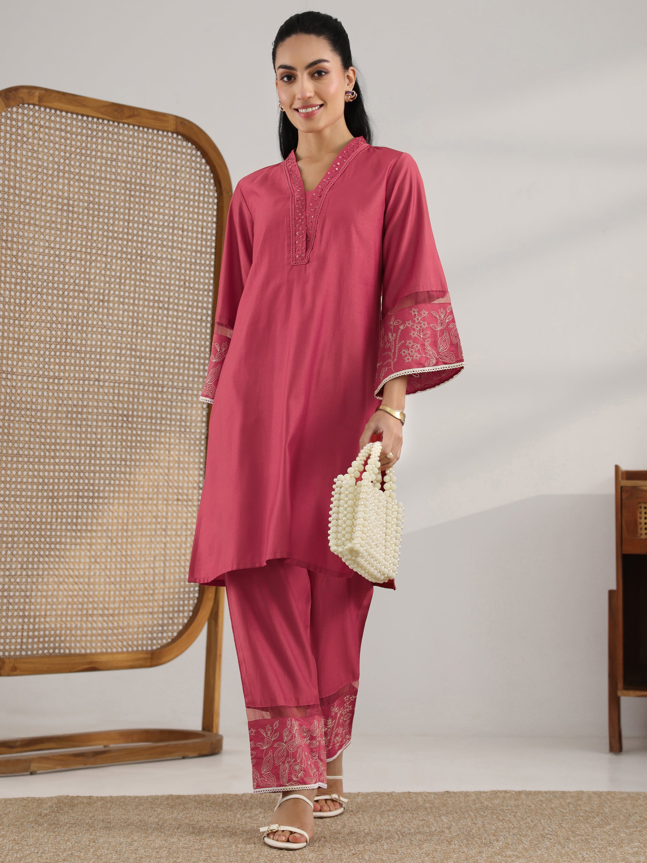 Coral Solid Silk Blend Co-Ord Sets-image-6