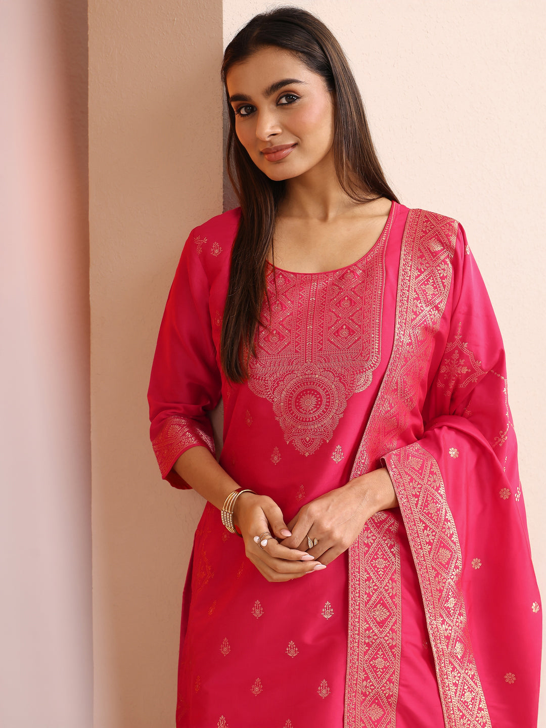 Coral Woven Design Silk Blend Straight Suit Set With Dupatta