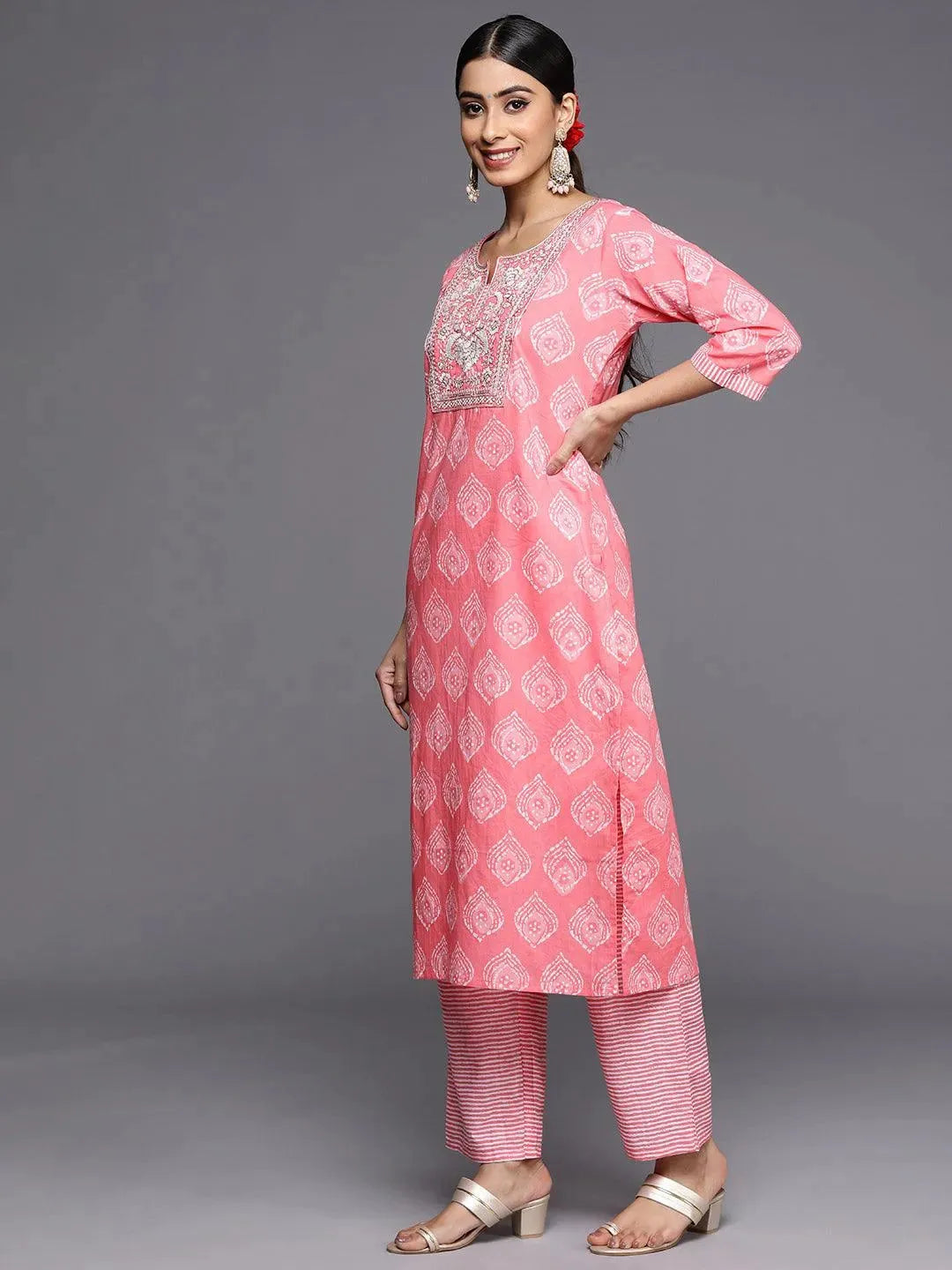 Coral Yoke Design Cotton Straight Suit Set With Trousers - Libas