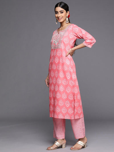 Coral Yoke Design Cotton Straight Suit Set With Trousers - Libas