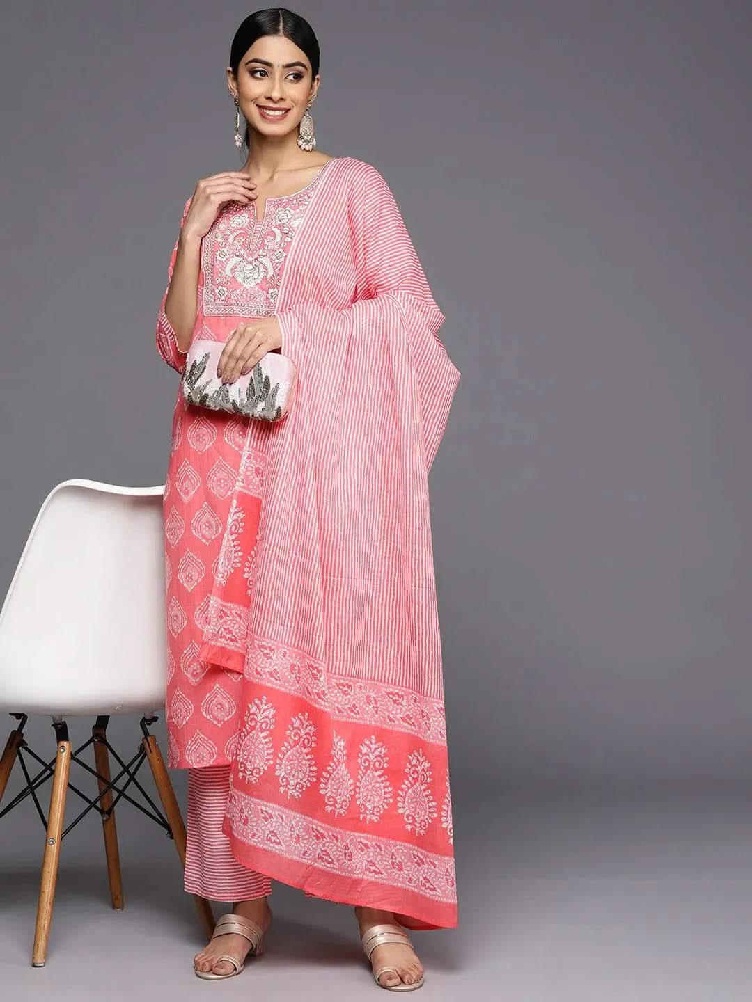 Black Yoke Design Cotton Straight Kurta With Trousers & Dupatta
