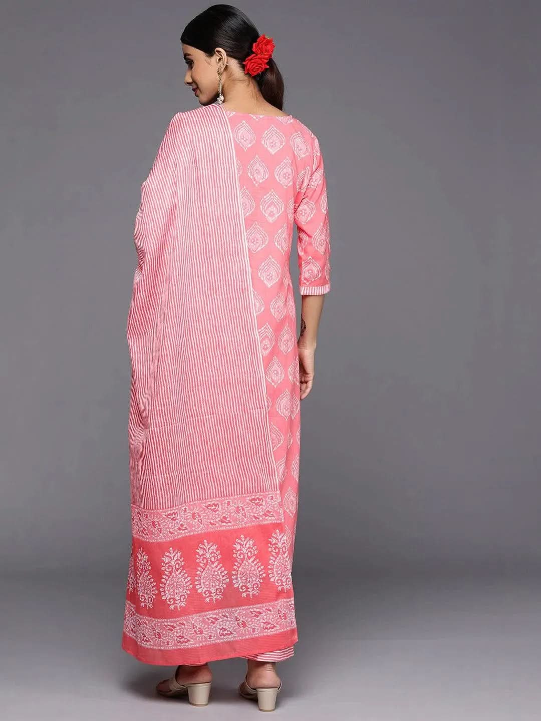 

Coral Yoke Design Cotton Straight Kurta With Trousers & Dupatta