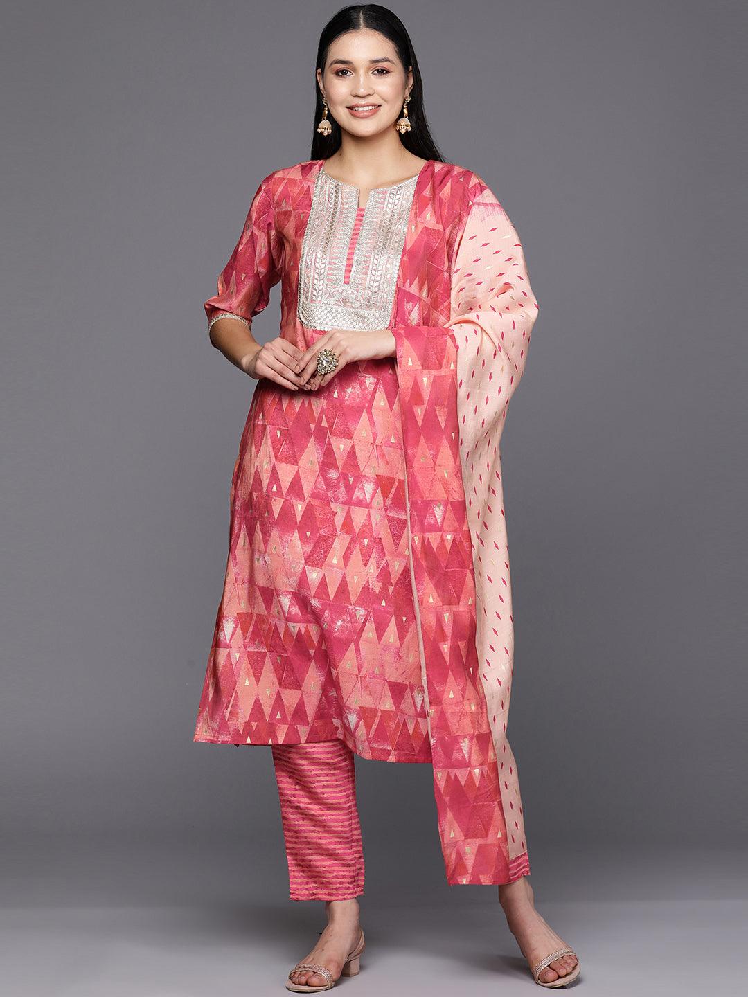 Coral Yoke Design Silk Blend Straight Suit Set With Trousers - Libas