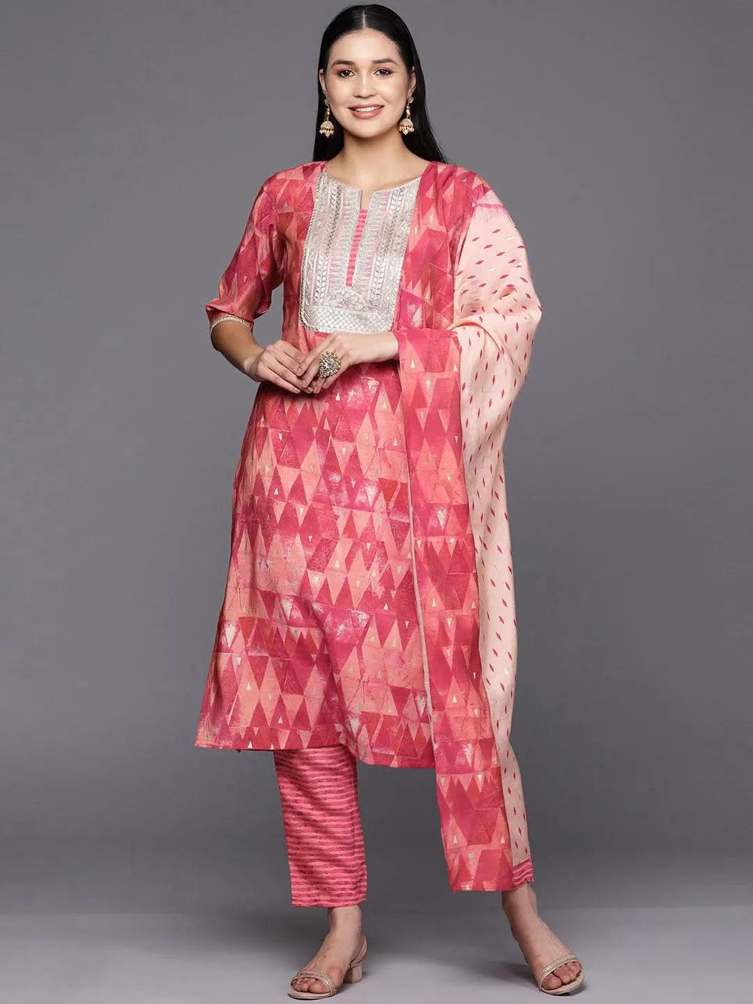 

Coral Yoke Design Silk Blend Straight Kurta With Trousers & Dupatta