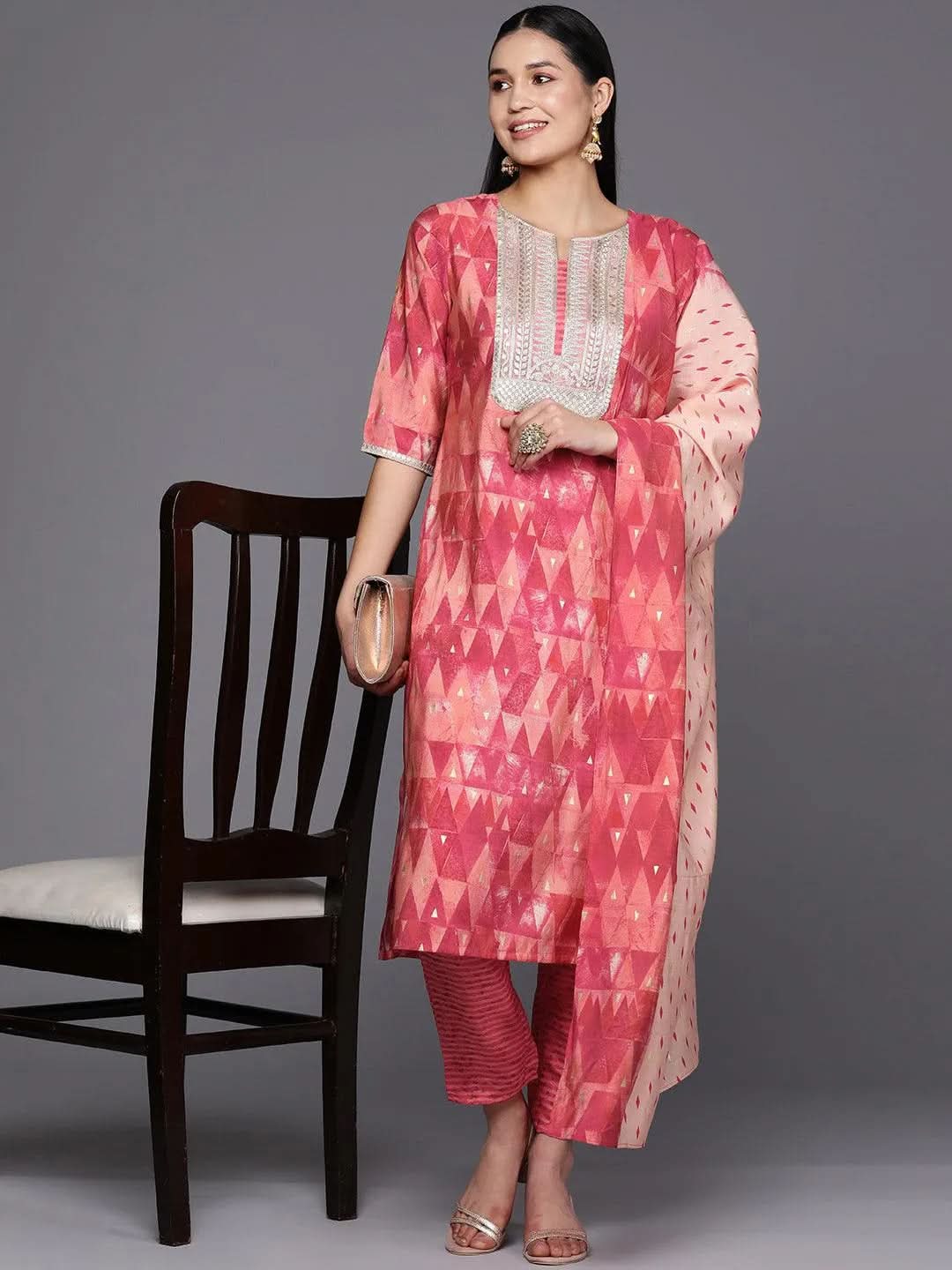 

Coral Yoke Design Silk Blend Straight Kurta With Trousers & Dupatta