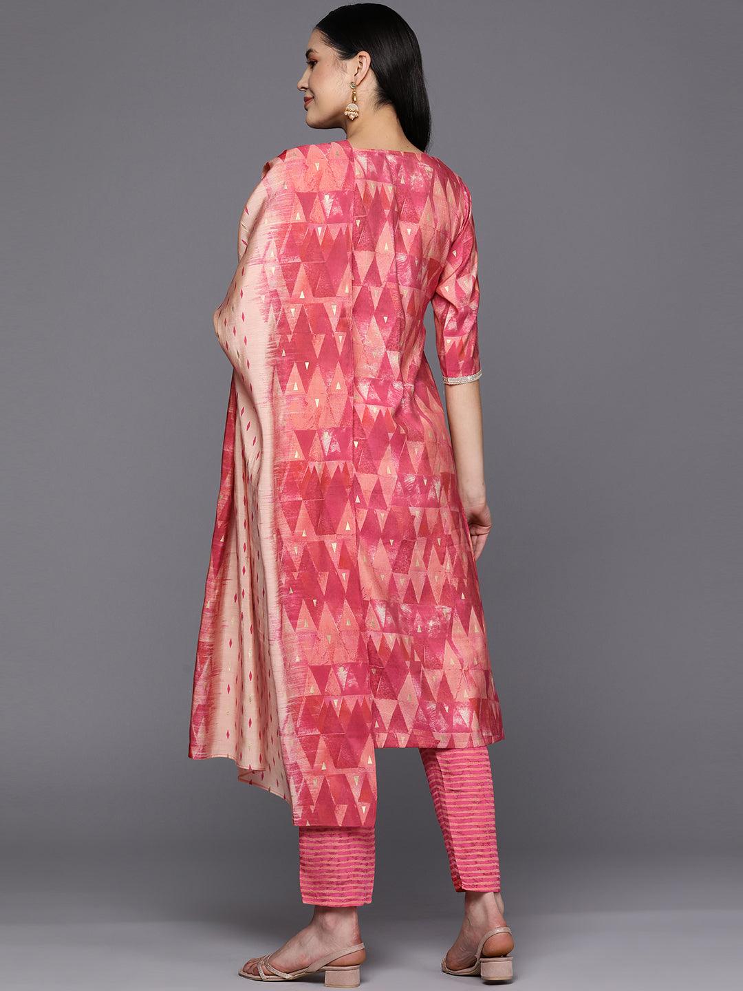 Coral Yoke Design Silk Blend Straight Suit Set With Trousers - Libas