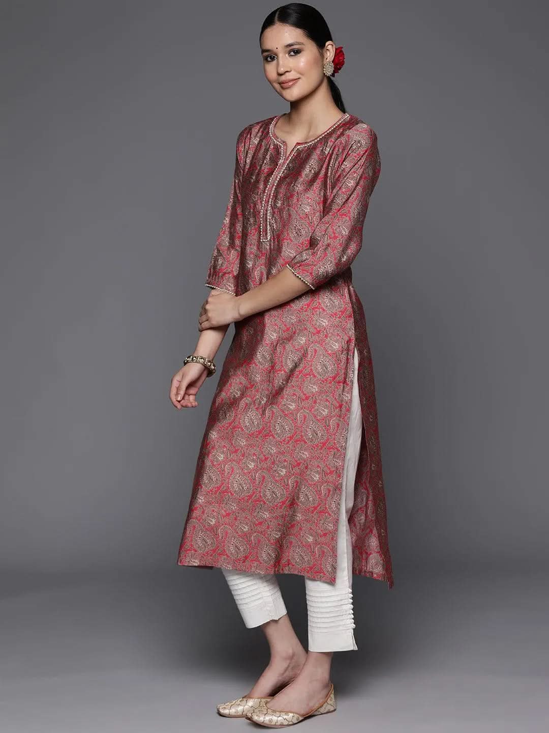 Coral Yoke Design Silk Straight Kurta - Libas 