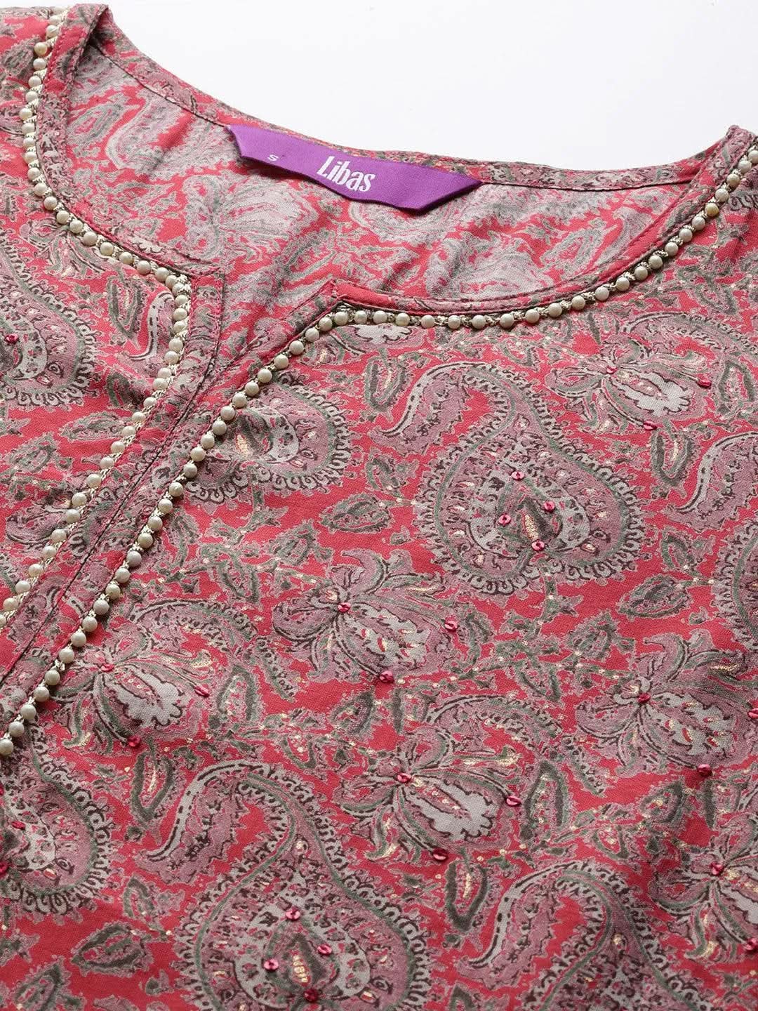 Coral Yoke Design Silk Straight Kurta - Libas 