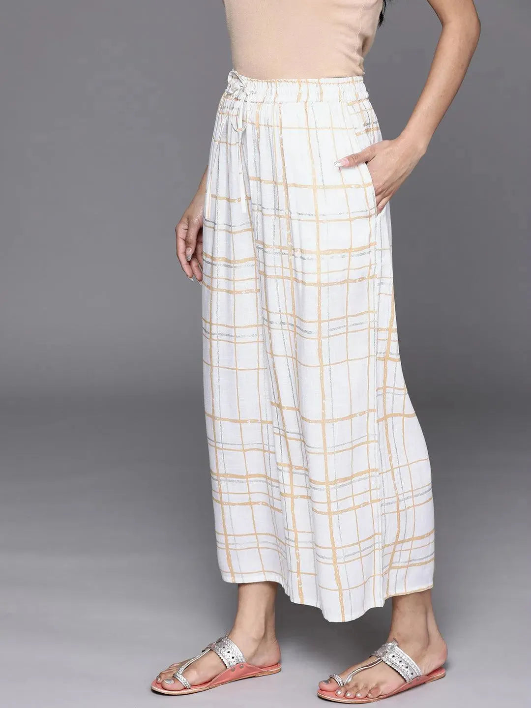 Cream Checkered Cotton Palazzos - Libas 
