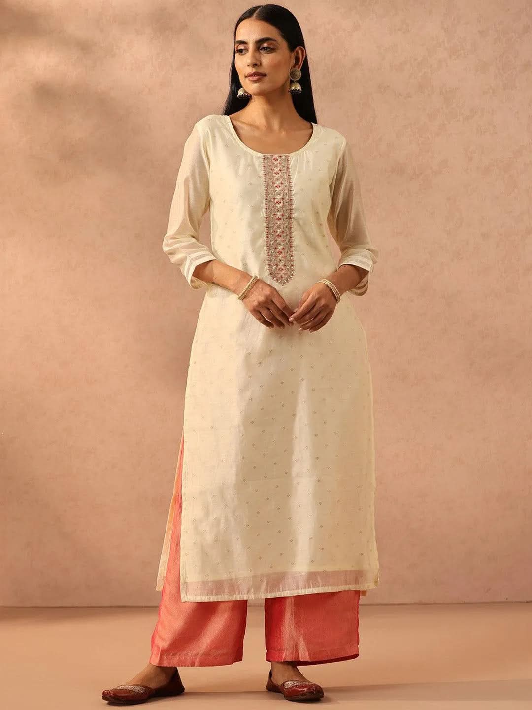 libas Cream Embellished Chanderi Silk Straight Kurta-picture-50