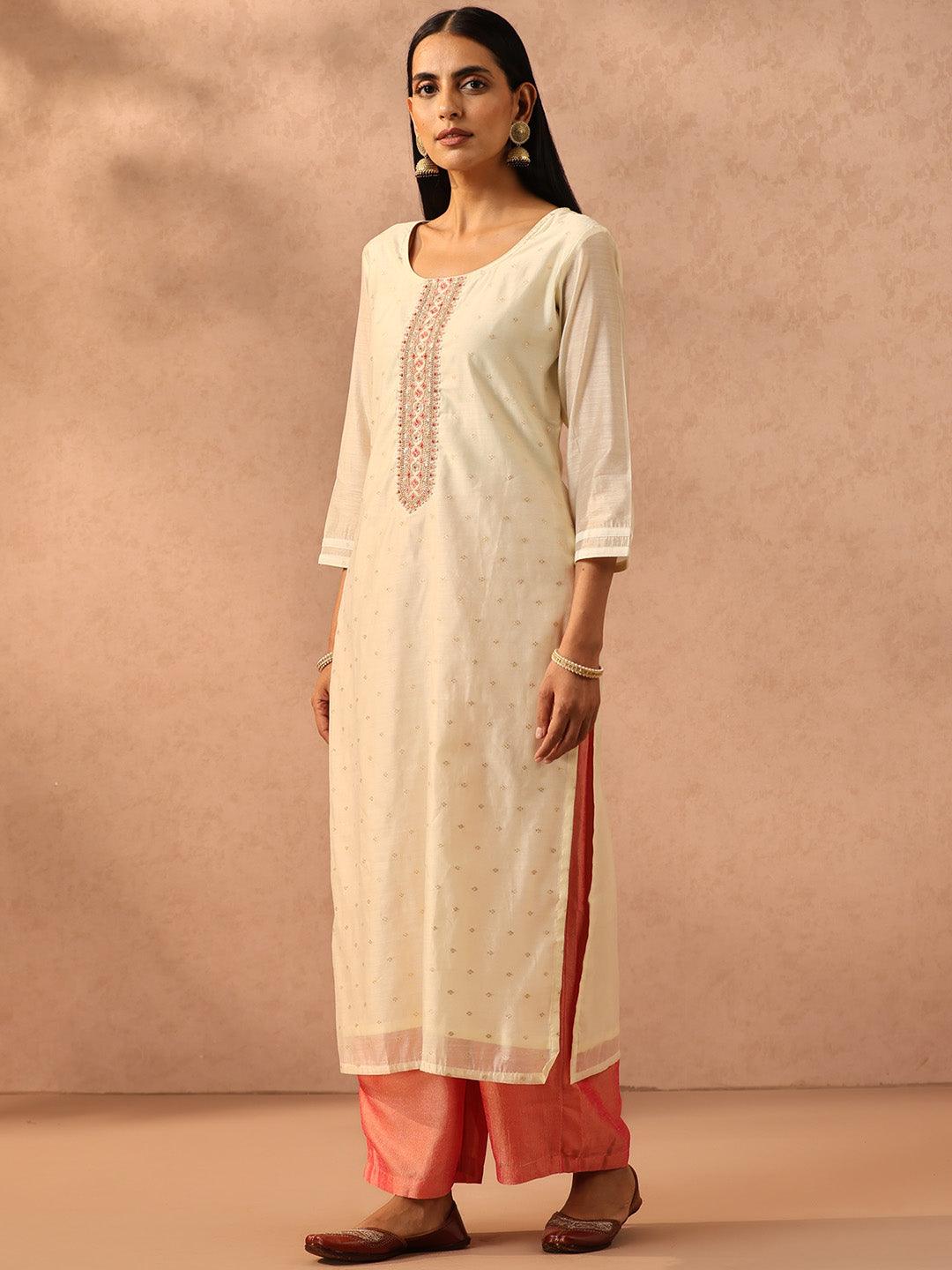 Cream Embellished Chanderi Silk Straight Kurta - Libas