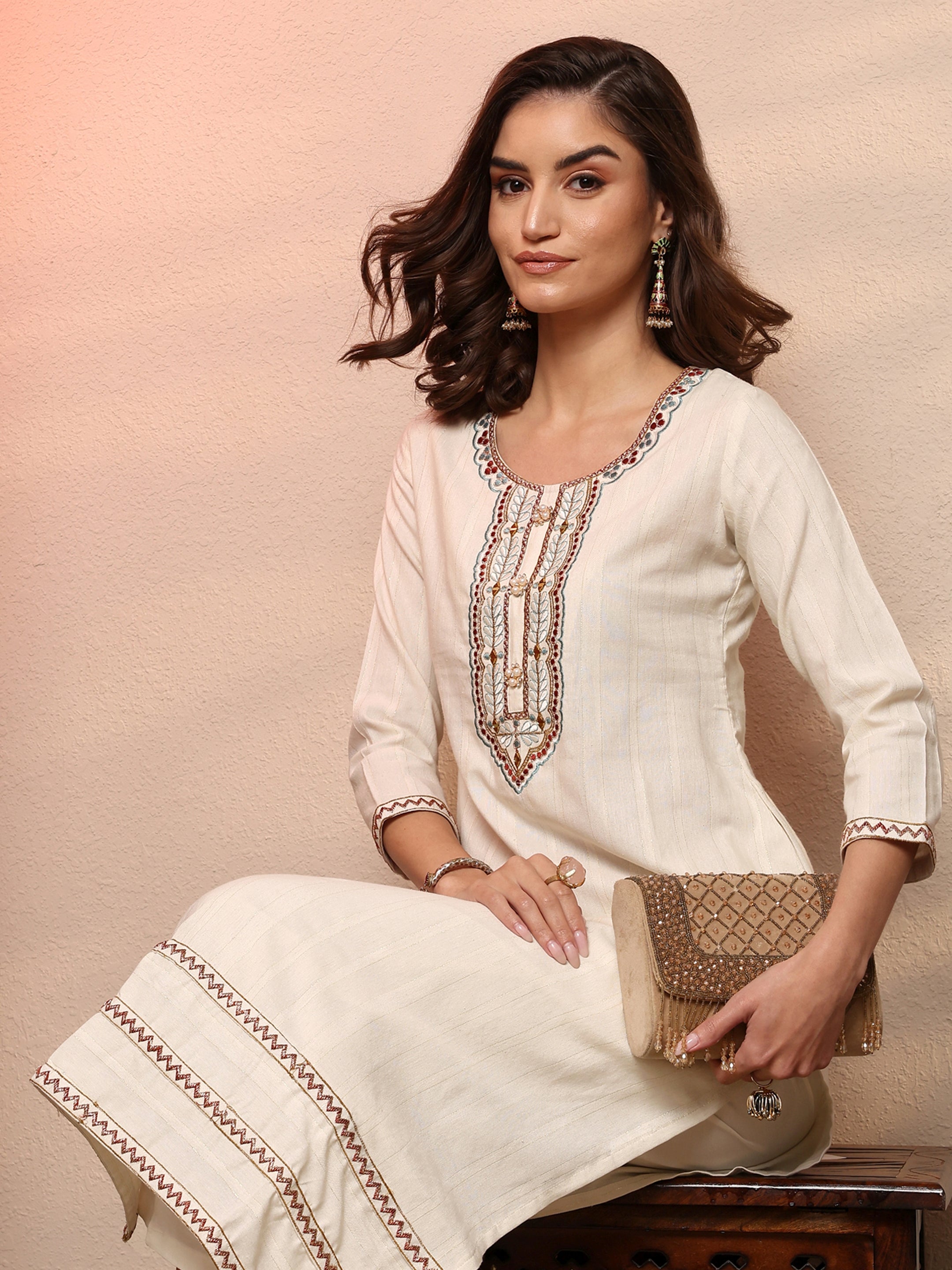 Cream Embellished Silk Blend Straight Kurta-image-27