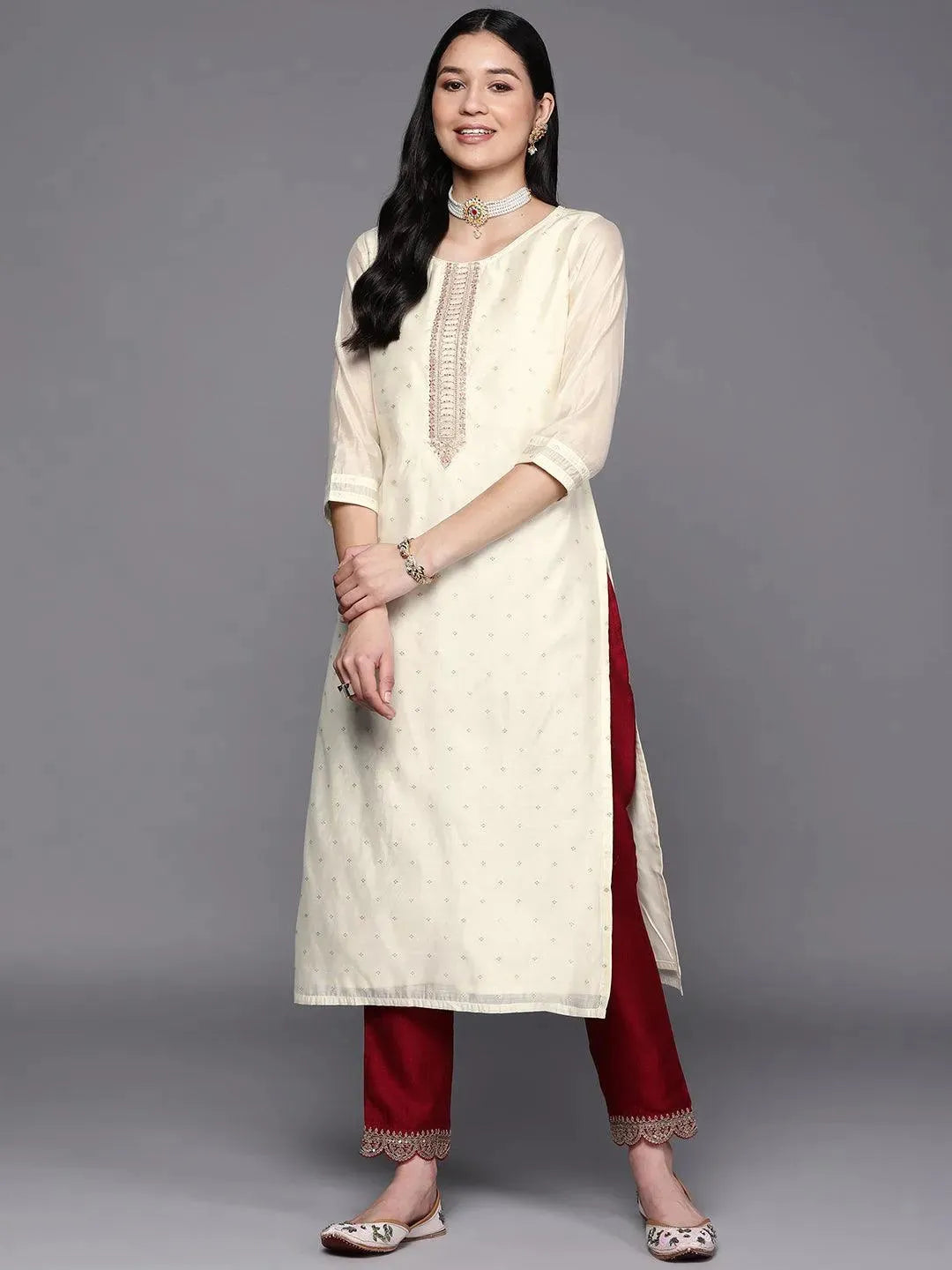 Cream Embroidered Chanderi Silk Straight Kurta - Libas
