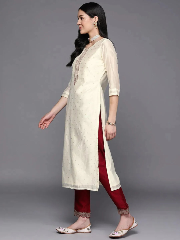 Cream Embroidered Chanderi Silk Straight Kurta - Libas