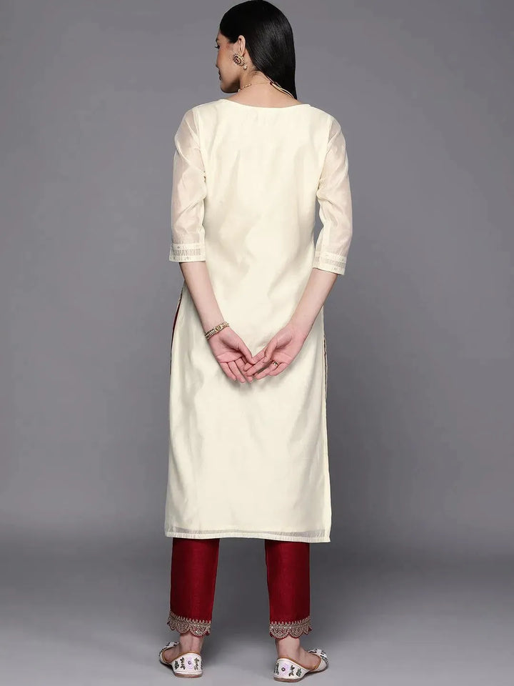 Cream Embroidered Chanderi Silk Straight Kurta - Libas
