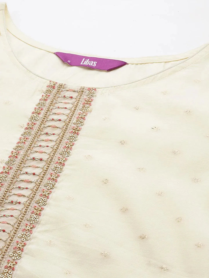 Cream Embroidered Chanderi Silk Straight Kurta - Libas