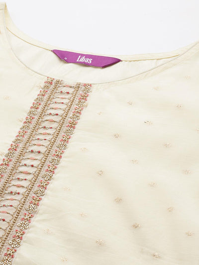 Cream Embroidered Chanderi Silk Straight Kurta - Libas