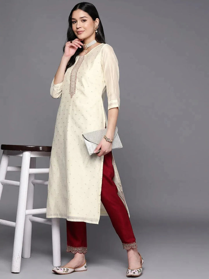 Cream Embroidered Chanderi Silk Straight Kurta - Libas