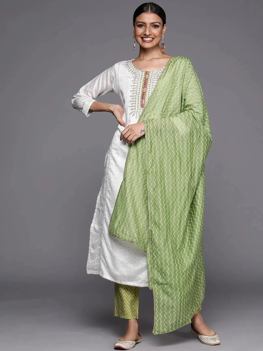 Cream Embroidered Chanderi Silk Straight Suit Set - Libas