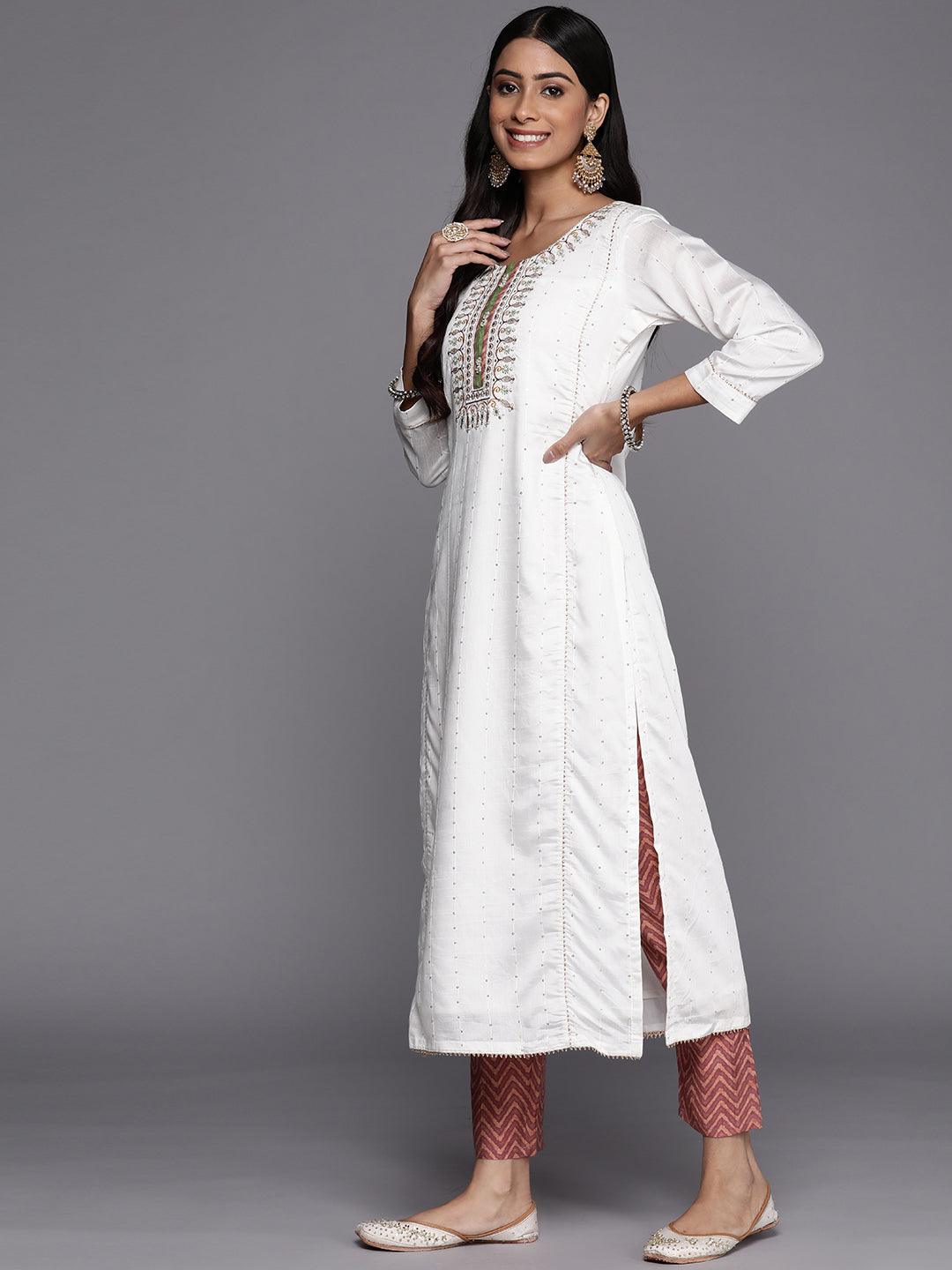 Cream Embroidered Chanderi Silk Straight Kurta With Trousers & Dupatta