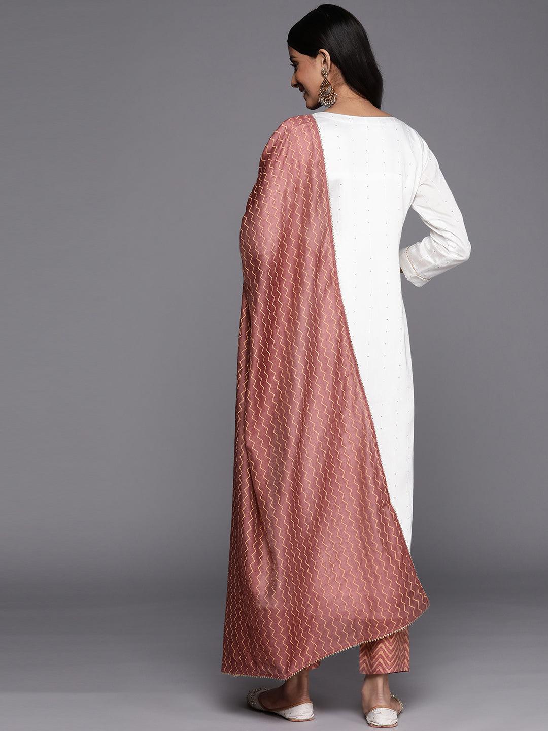 Cream Embroidered Chanderi Silk Straight Suit Set - Libas