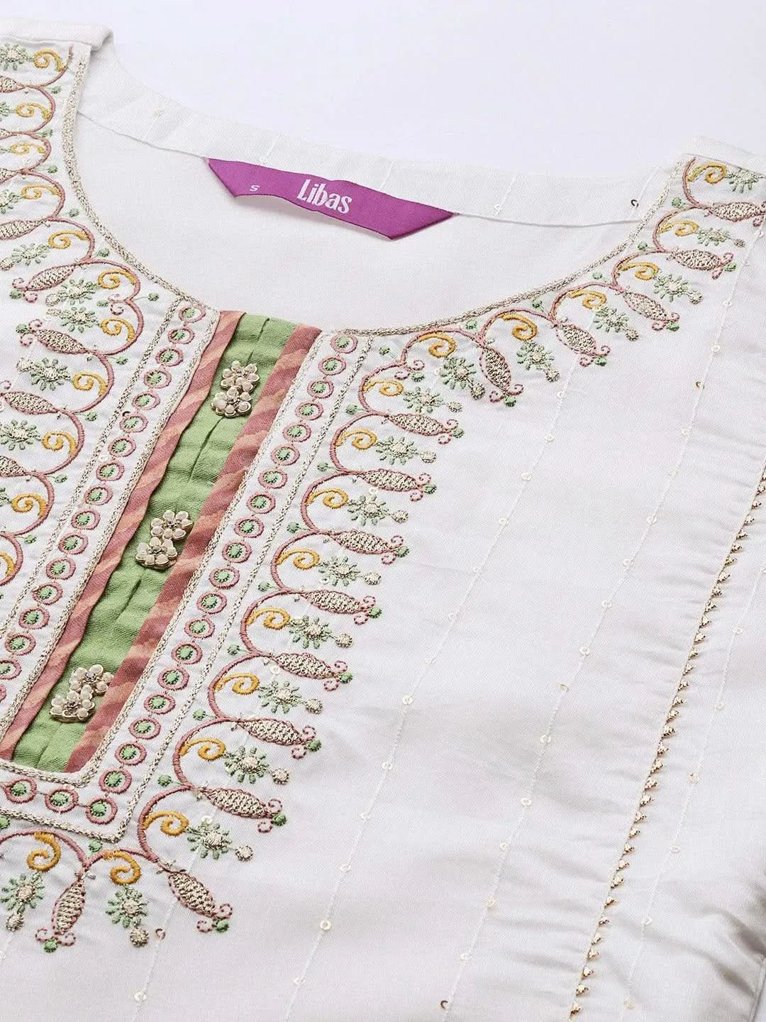 Cream Embroidered Chanderi Silk Straight Suit Set - Libas