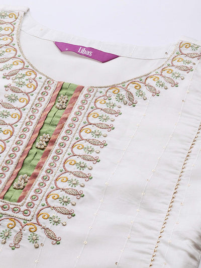 Cream Embroidered Chanderi Silk Straight Suit Set - Libas